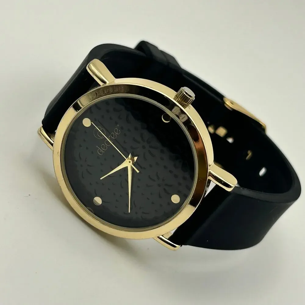 Decree Gold Tone Black Silicon Band Women’s Minimalist Watch  New Battery